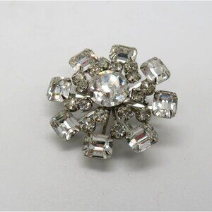 Vintage Rhinestone Brooch 1.5" Silver Tone Clear Round Square Stones Floral‎ Pin